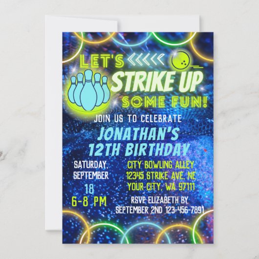 Invitation Bowling Striup Amusant Neon Glow Blue Boys Anniver (Devant)