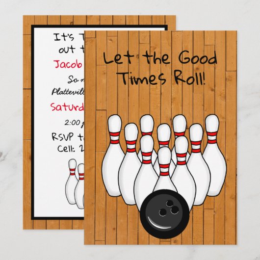 Invitation Bowling Thème Anniversaire Fête (Devant / Derrière)