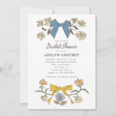 Invitation Bows & Blossoms Bleu Jaune Coquette Fête des marié (Devant)