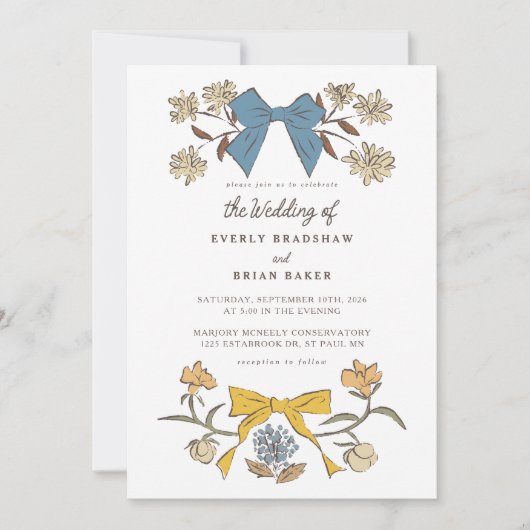 Invitation Bows & Blossoms Blue Yellow Coquette Mariage (Devant)