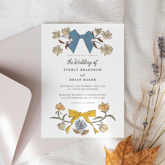 Invitation Bows & Blossoms Blue Yellow Coquette Mariage