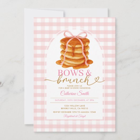 Invitation Bows et Brunch Pancake Baby shower bleu En vichy (Devant)