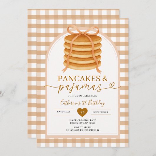 Invitation Bows et Brunch Pancake Brown 1er anniversaire En v (Devant / Derrière)