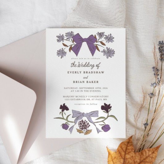 Invitation Bows et fleurs Lilac Coquette Mariage