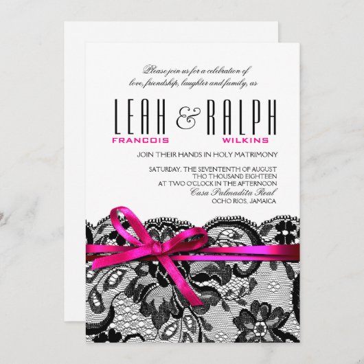 Invitation Bows et rubans Mariages en dentelle | fuschie noir (Devant / Derrière)