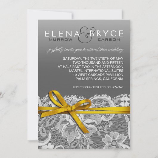 Invitation Bows ruban et Mariage en dentelle gris jaune (Devant)