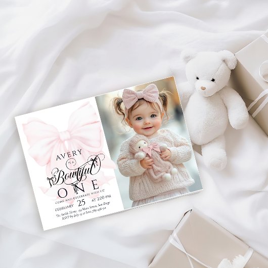 Invitation Bowtiful One 1st Birthday Bow Girls Photo