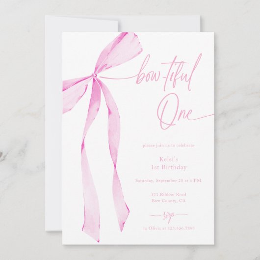 Invitation Bowtiful One Aquarelle Pink 1er Anniversaire (Devant)