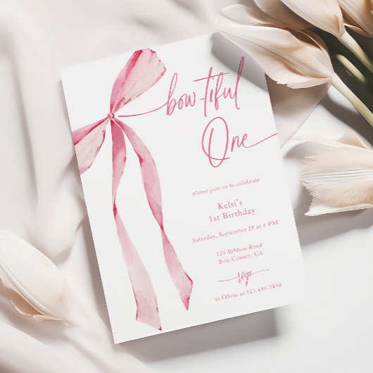 Invitation Bowtiful One Watercolor Blush Pink 1er anniversair