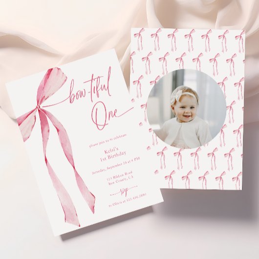 Invitation Bowtiful One Watercolor rose Photo 1er anniversair