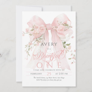 Invitation Bowtiiful One 1er Anniversaire Fleurs Ruban Filles
