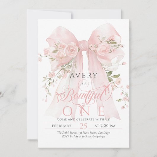 Invitation Bowtiiful One 1st Birthday Floral Bow Girls (Devant)