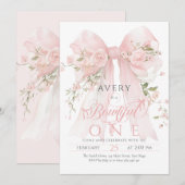 Invitation Bowtiiful One 1st Birthday Floral Bow Girls (Devant / Derrière)