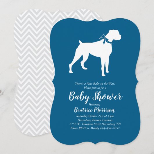 Invitation Boxer Chien Baby shower Blue Boy (Devant / Derrière)