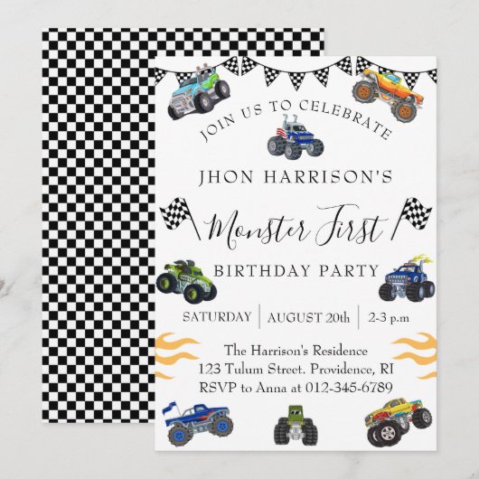Invitation Boy 1st Birthday Party Monster Car  (Devant / Derrière)