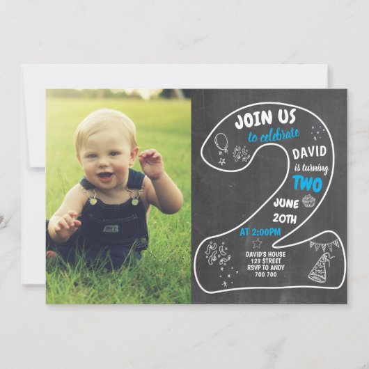 Invitation Boy 2e Anniversaire Chalkboard avec Photo Blue (Devant)