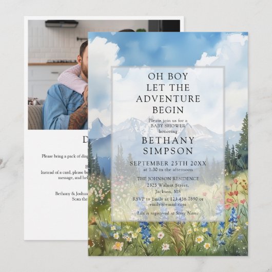 Invitation Boy Adventure Mountain Photo QR Code Baby Shower (Devant / Derrière)