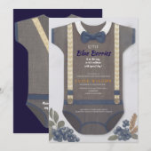 Invitation Boy baby shower autum chute bleu burlap bodysuit (Devant / Derrière)