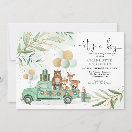 Invitation Boy Baby shower Boy Boy Aquarelle Vert Or (Devant)