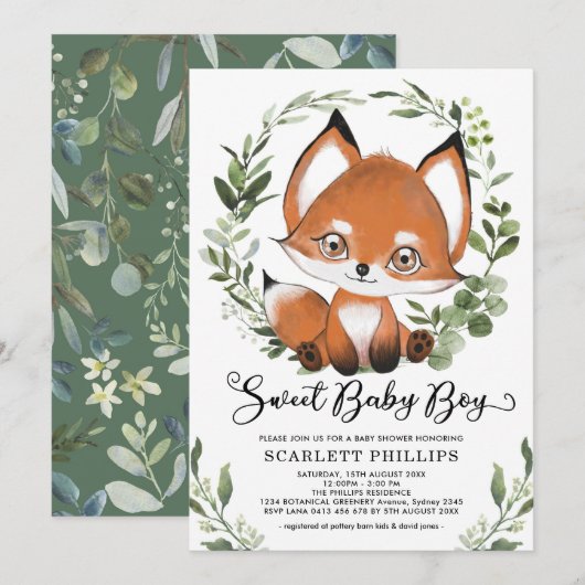 Invitation Boy Baby shower Boy de renard botanique de bois (Devant / Derrière)