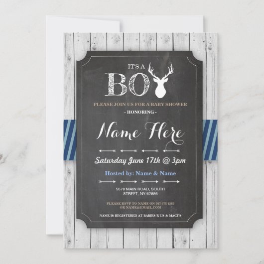 Invitation Boy Baby shower Chalk Wood Antler Stag (Devant)