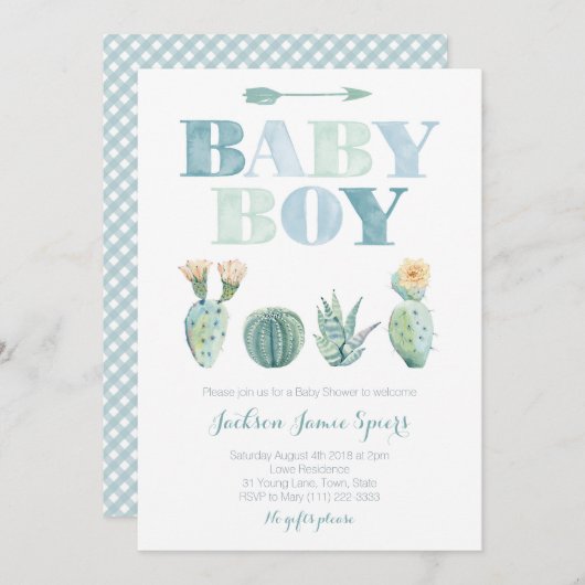 Invitation Boy Baby shower Party avec cactus aquarelle (Devant / Derrière)