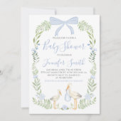Invitation Boy Baby shower Preppy Southern Blue Stork (Devant)