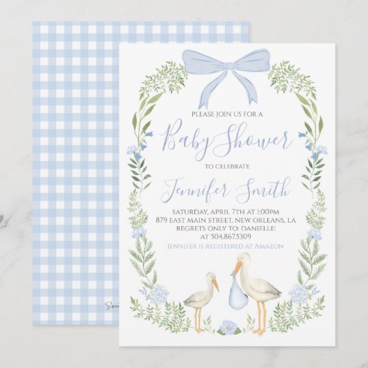 Invitation Boy Baby shower Preppy Southern Blue Stork (Devant / Derrière)