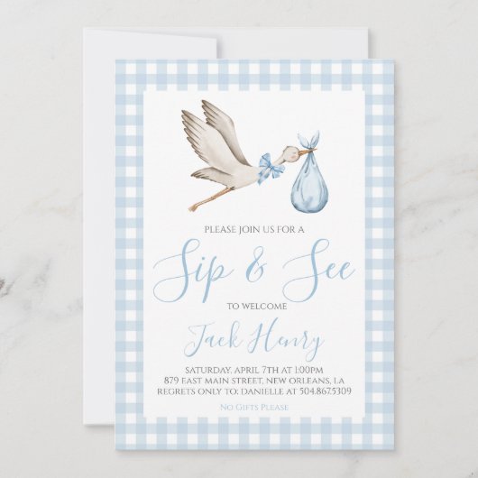 Invitation Boy Baby shower Southern Sip & Voir Blue Stork (Devant)