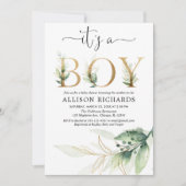 Invitation Boy baby shower verdure or feuilles modernes (Devant)