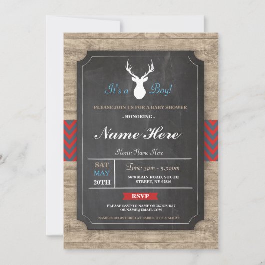 Invitation Boy Baby shower Wood Rustic Antler Stag (Devant)