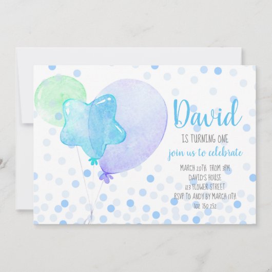 Invitation Boy Ballons Confetti Blue Cute 1er Anniversaire (Devant)