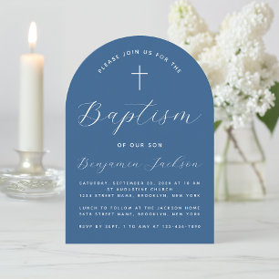 Invitation Boy Baptism Arc Classique Bleu Blancs Script & Cro