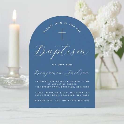 Invitation Boy Baptism Arc Classique Bleu Blancs Script & Cro