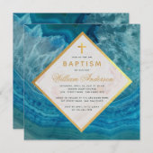 Invitation Boy Baptism Blue Geode Faux Gold Cross Marble (Devant / Derrière)