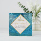 Invitation Boy Baptism Blue Geode Faux Gold Cross Marble (Debout devant)