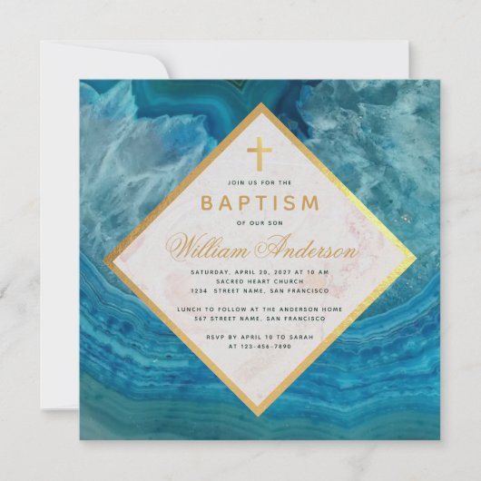 Invitation Boy Baptism Blue Geode Faux Gold Cross Marble (Devant)