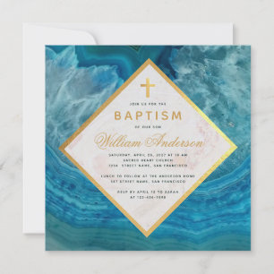 Invitation Boy Baptism Blue Geode Faux Gold Cross Marble