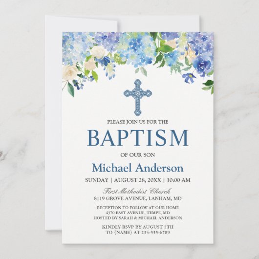 Invitation Boy Baptism Blue Hydrangea Aquarelle Floral (Devant)