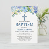 Invitation Boy Baptism Blue Hydrangea Aquarelle Floral (Debout devant)