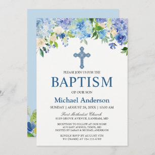 Invitation Boy Baptism Blue Hydrangea Aquarelle Floral