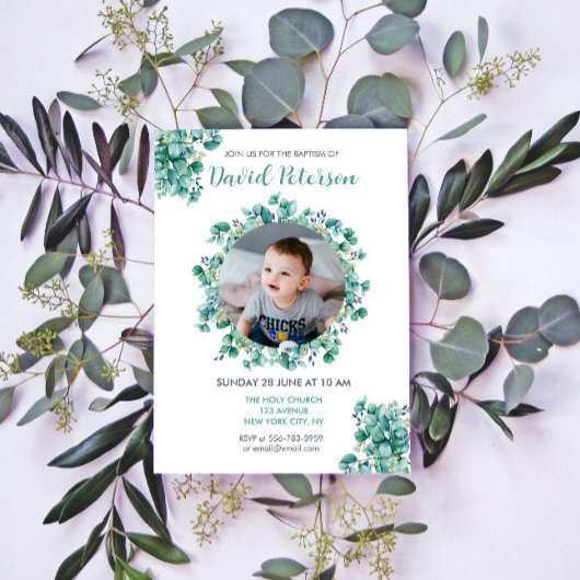 Invitation Boy Baptism Floral Turquoise Blue Wreath Invitatio
