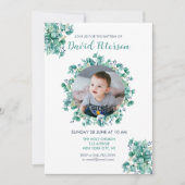 Invitation Boy Baptism Floral Turquoise Blue Wreath Invitatio (Devant)