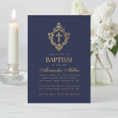 Invitation Boy Baptism Marine Bleu Faux Gold Crest Scripts