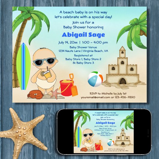 Invitation Boy Beach Baby Sandcastle, Baby shower Surfboard