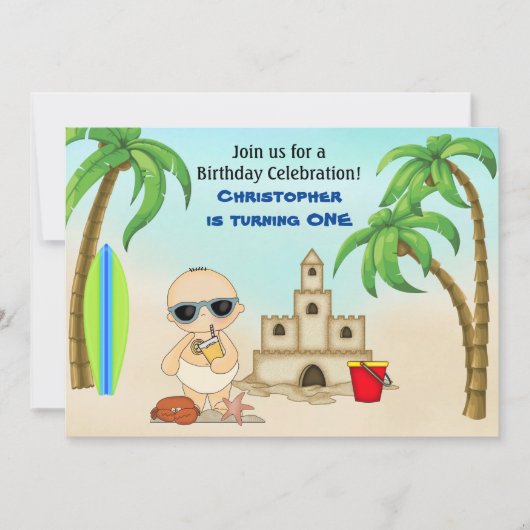 Invitation Boy Beach Baby Sandcastle in Surfboard 1er anniver (Devant)