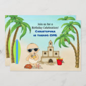 Invitation Boy Beach Baby Sandcastle in Surfboard 1er anniver (Devant / Derrière)