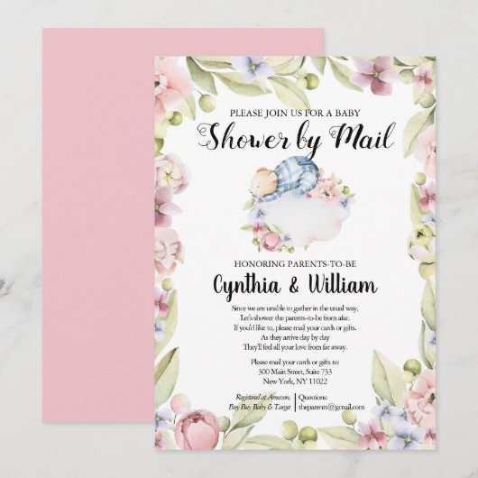 Invitation Boy Bear Elegant Floral Greenery Douche par Mail (Devant / Derrière)