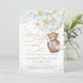 Invitation Boy Bear Hot Air Balloon Blue Gold Sky Baby shower (Debout devant)