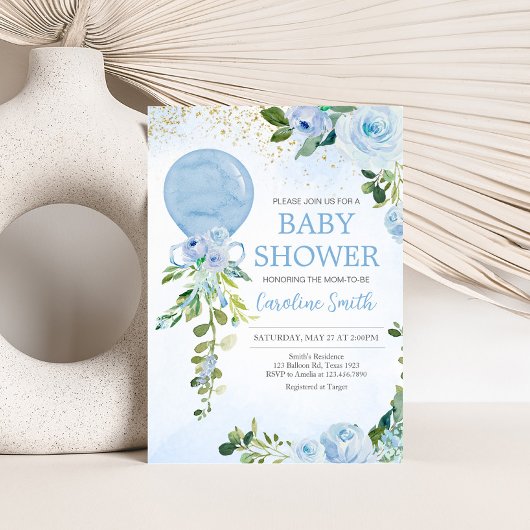 Invitation Boy Blue Balloon Baby shower de verdure